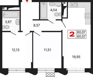2-к квартира, вторичка, 60м2, 12/25 этаж