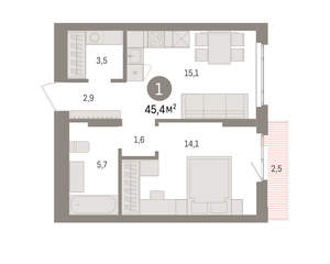 1-к квартира, вторичка, 45м2, 6/16 этаж