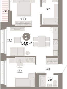 2-к квартира, вторичка, 54м2, 6/16 этаж