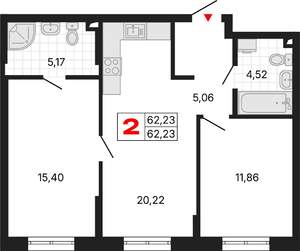 2-к квартира, вторичка, 62м2, 2/25 этаж