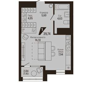 1-к квартира, вторичка, 40м2, 17/23 этаж