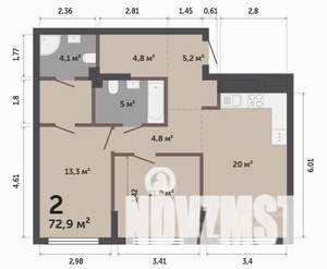 2-к квартира, строящийся дом, 73м2, 1/17 этаж