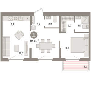 1-к квартира, вторичка, 50м2, 9/16 этаж