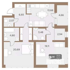 3-к квартира, вторичка, 76м2, 15/24 этаж