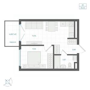 1-к квартира, строящийся дом, 34м2, 1/4 этаж