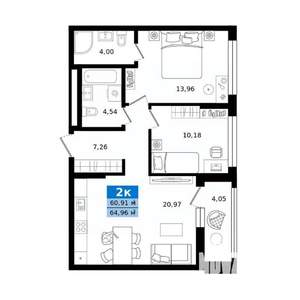 2-к квартира, строящийся дом, 65м2, 2/8 этаж