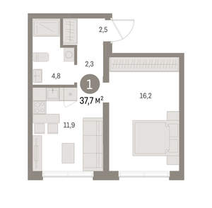 1-к квартира, вторичка, 38м2, 1/16 этаж