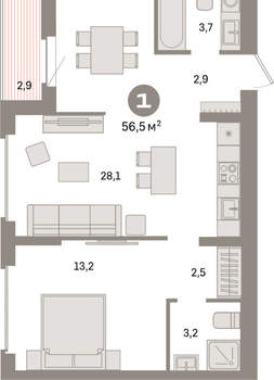1-к квартира, вторичка, 57м2, 9/9 этаж