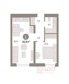 1-к квартира, вторичка, 46м2, 5/8 этаж