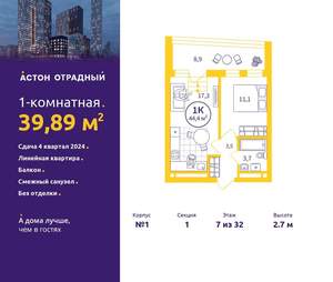 1-к квартира, вторичка, 40м2, 7/32 этаж