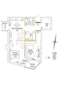 2-к квартира, строящийся дом, 72м2, 6/8 этаж