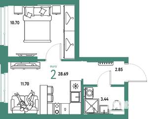 2-к квартира, строящийся дом, 29м2, 3/25 этаж