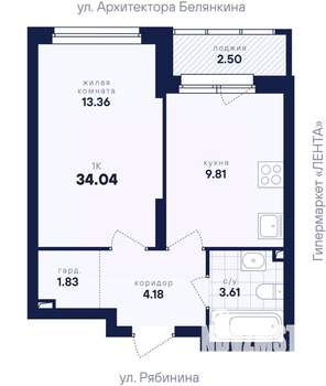 1-к квартира, вторичка, 34м2, 2/26 этаж