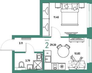 2-к квартира, строящийся дом, 29м2, 3/25 этаж