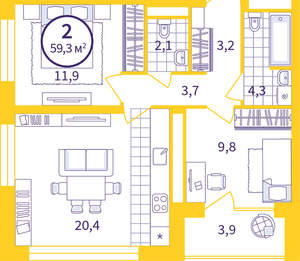 2-к квартира, вторичка, 57м2, 12/24 этаж