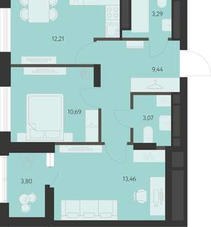 2-к квартира, строящийся дом, 54м2, 16/22 этаж