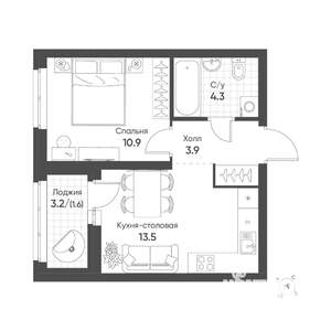 1-к квартира, вторичка, 34м2, 13/16 этаж