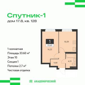 1-к квартира, вторичка, 34м2, 10/17 этаж