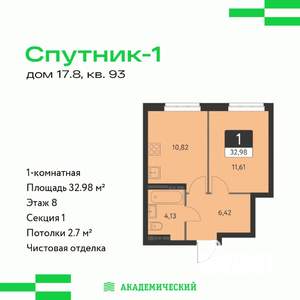 1-к квартира, вторичка, 33м2, 8/17 этаж