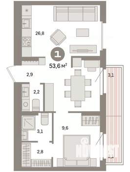 1-к квартира, вторичка, 54м2, 9/9 этаж