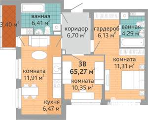 3-к квартира, строящийся дом, 65м2, 3/24 этаж