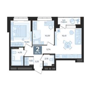 2-к квартира, вторичка, 57м2, 4/23 этаж