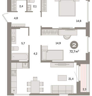 2-к квартира, вторичка, 73м2, 13/16 этаж