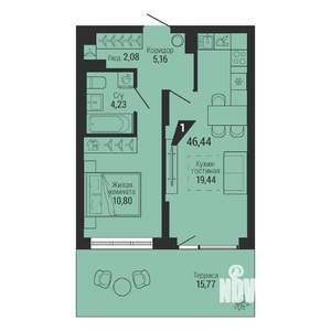 1-к квартира, вторичка, 46м2, 2/22 этаж