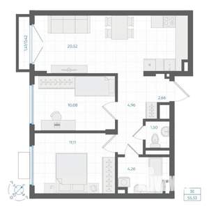 2-к квартира, строящийся дом, 55м2, 3/4 этаж