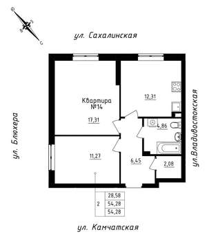 2-к квартира, строящийся дом, 54м2, 2/25 этаж