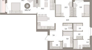 3-к квартира, вторичка, 106м2, 9/16 этаж