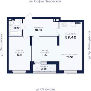 2-к квартира, вторичка, 59м2, 1/18 этаж