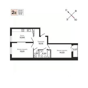 2-к квартира, строящийся дом, 61м2, 18/25 этаж