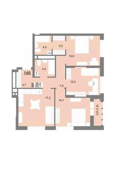 3-к квартира, строящийся дом, 80м2, 22/23 этаж