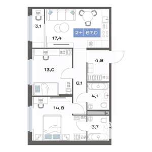 2-к квартира, строящийся дом, 67м2, 15/17 этаж