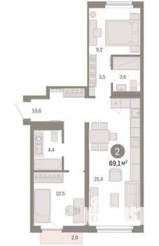 2-к квартира, вторичка, 69м2, 2/9 этаж