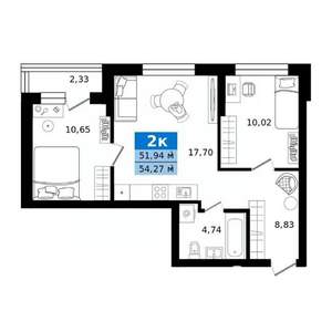 2-к квартира, строящийся дом, 54м2, 13/27 этаж