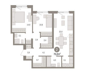 2-к квартира, вторичка, 75м2, 2/15 этаж