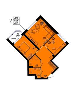 2-к квартира, вторичка, 70м2, 3/24 этаж