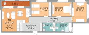 3-к квартира, строящийся дом, 96м2, 2/24 этаж