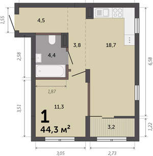 1-к квартира, вторичка, 44м2, 4/9 этаж