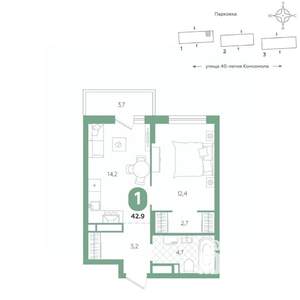 1-к квартира, вторичка, 43м2, 9/16 этаж