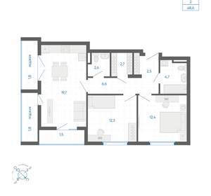 2-к квартира, вторичка, 69м2, 7/32 этаж