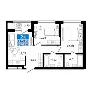 2-к квартира, строящийся дом, 57м2, 10/25 этаж