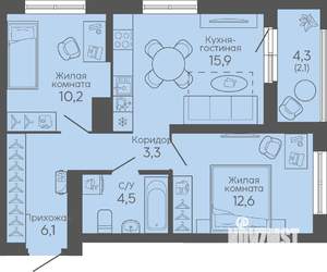 2-к квартира, вторичка, 55м2, 9/16 этаж