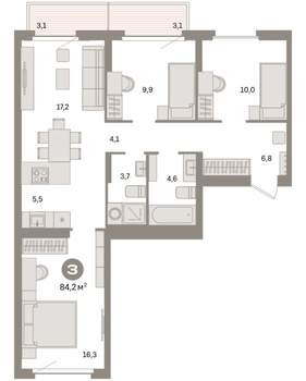 3-к квартира, вторичка, 84м2, 9/9 этаж