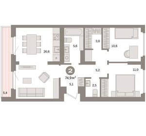2-к квартира, вторичка, 75м2, 8/16 этаж