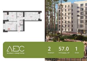 2-к квартира, вторичка, 57м2, 1/8 этаж