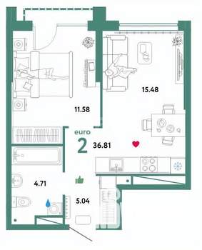 1-к квартира, вторичка, 37м2, 18/33 этаж