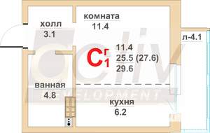 1-к квартира, вторичка, 26м2, 7/16 этаж